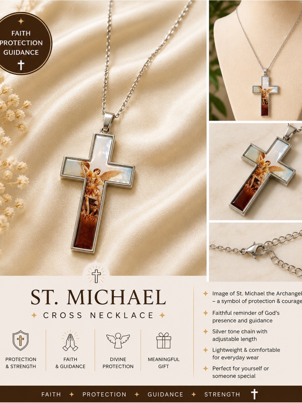 St. Michael Cross Necklace - Silver Tone with Angel Inlay
